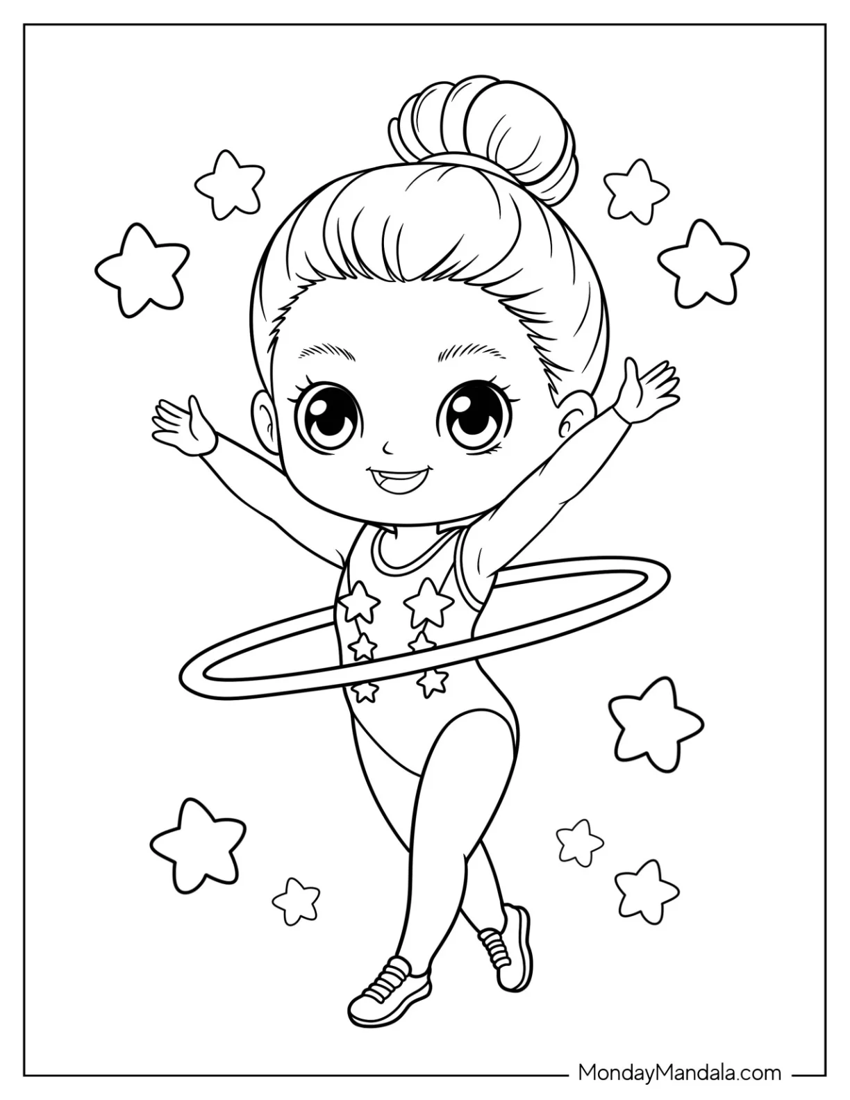 Gymnastics Coloring Page of Cute Girl Gymnast with Starry Leotard Spinning Hula Hoop in the Air for Preschoolers coloring page — printable line art