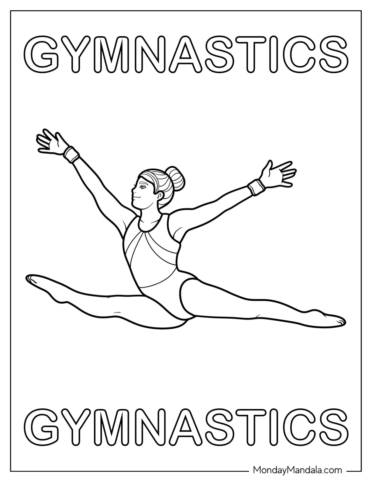 Gymnastics Coloring Page of Elite Gymnast Performing Full Split Jump coloring page — printable line art