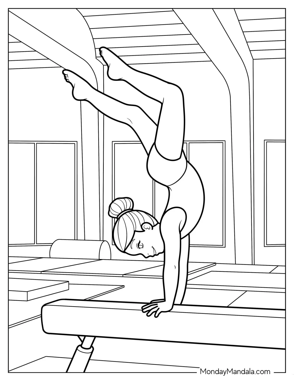 Gymnastics Coloring Page of Focused Gymnast in Handstand Pose on Balance Beam Inside Training Gym coloring page — printable line art