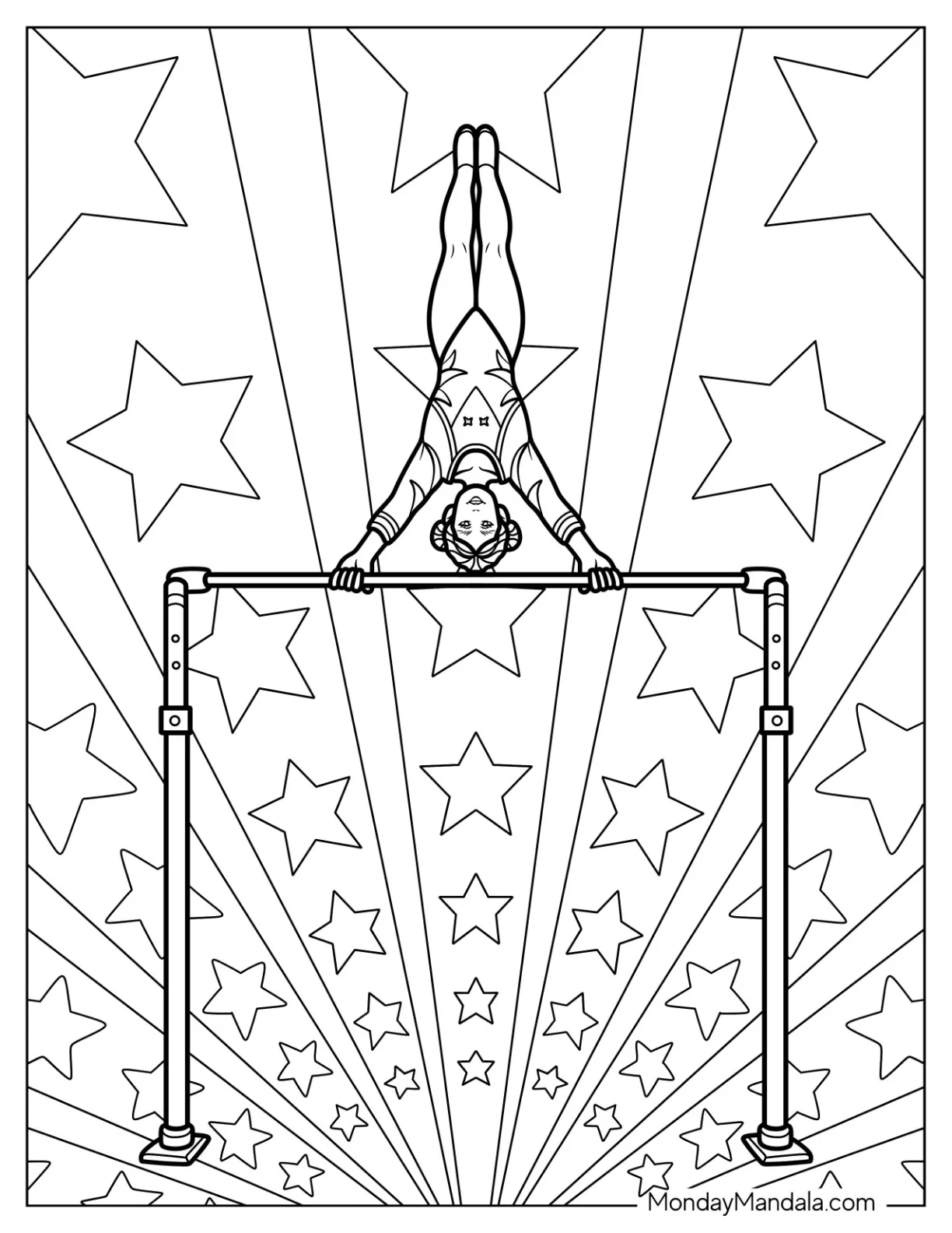 Gymnastics Coloring Page of Gymnast in Handstand on Bars with Starburst Background coloring page — printable line art
