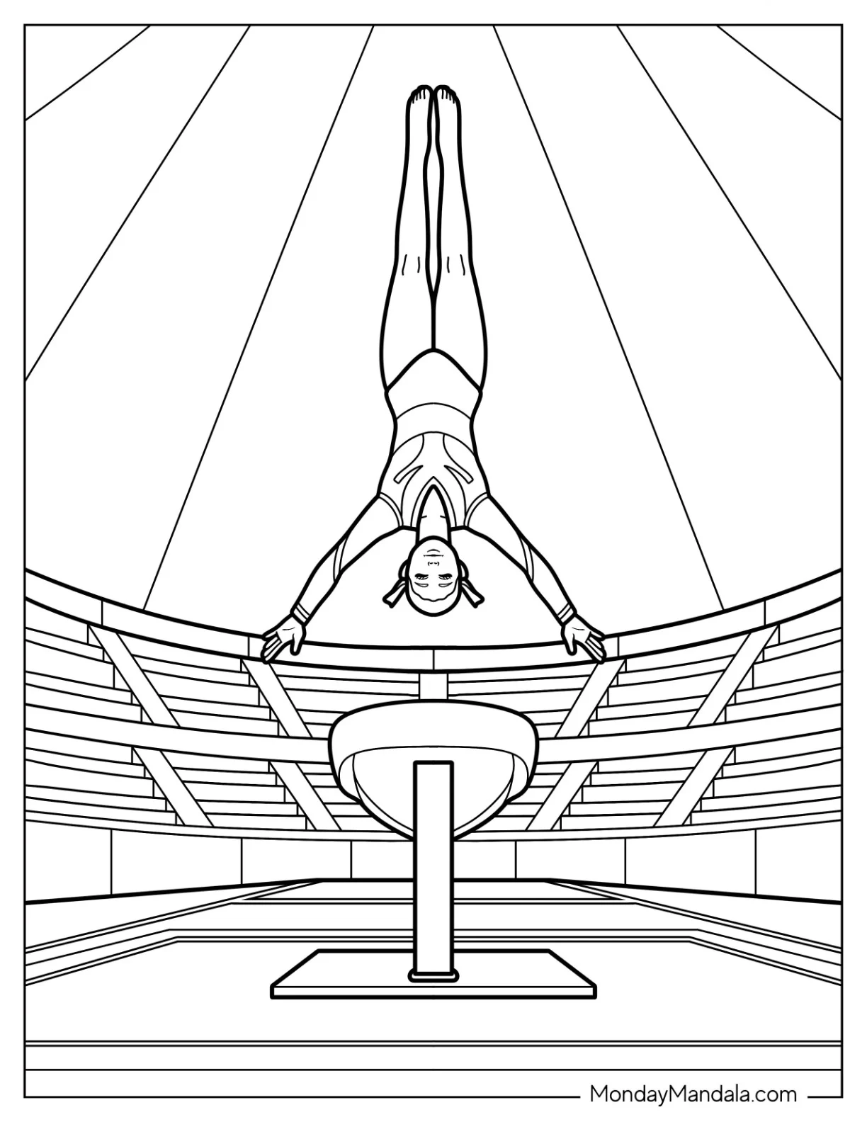 Gymnastics Coloring Page of Gymnast in Handstand Pose on Vault Table in Stadium Arena coloring page — printable line art