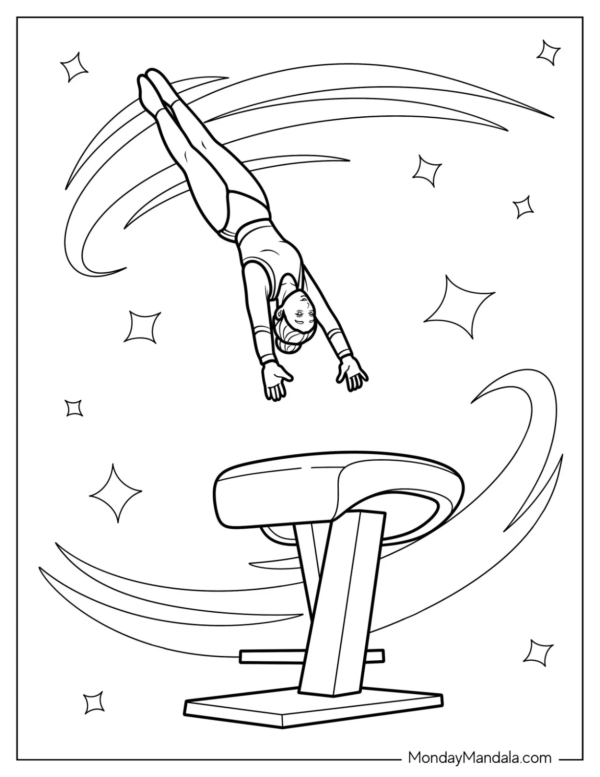 Gymnastics Coloring Page of Gymnast Soaring Through the Air in a Dazzling Vault Routine coloring page — printable line art