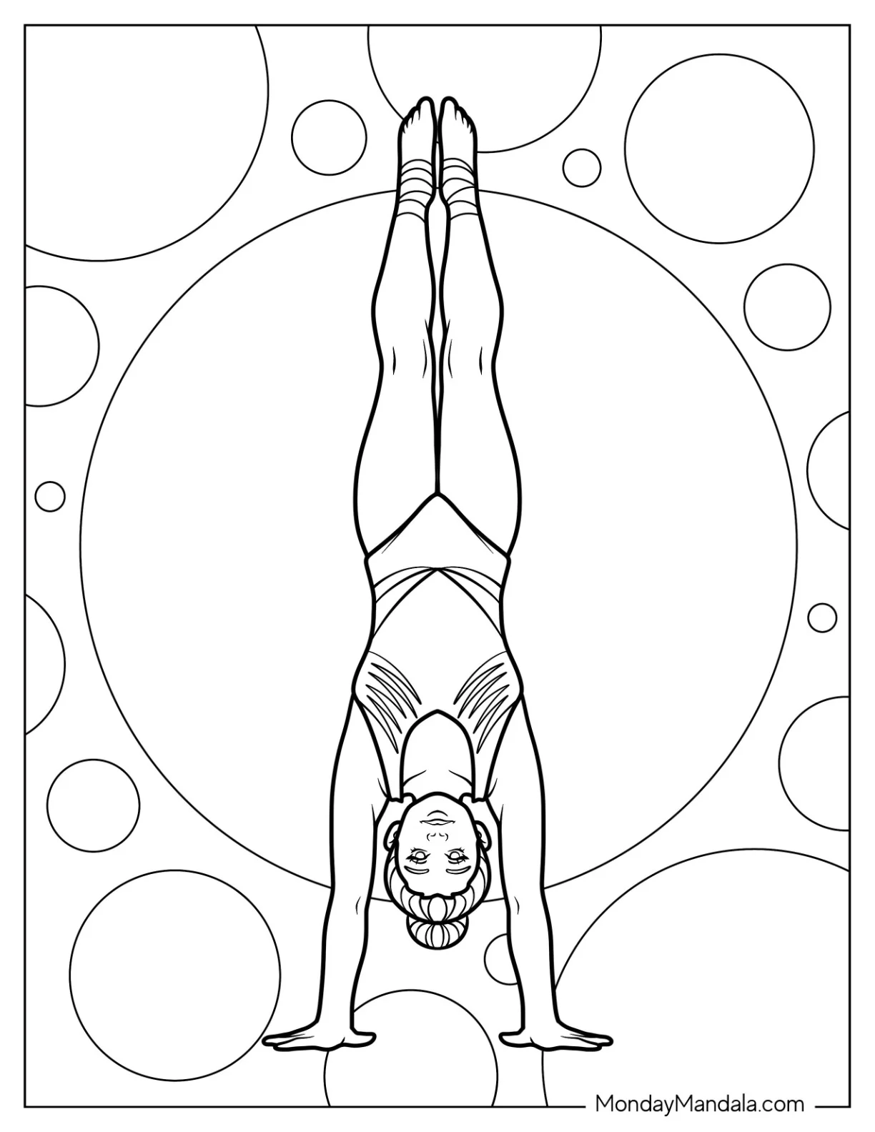 Gymnastics Coloring Page of Gymnast Upside Down in Handstand Pose with Retro Bubble Background coloring page