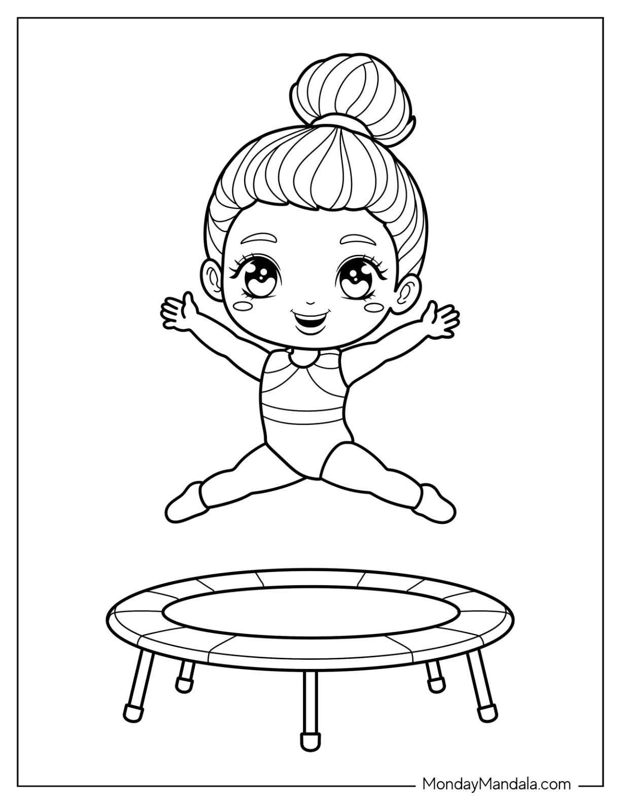 Gymnastics Coloring Page of Kawaii Gymnast Doing a Split Jump Above Trampoline for Kids coloring page — printable line art