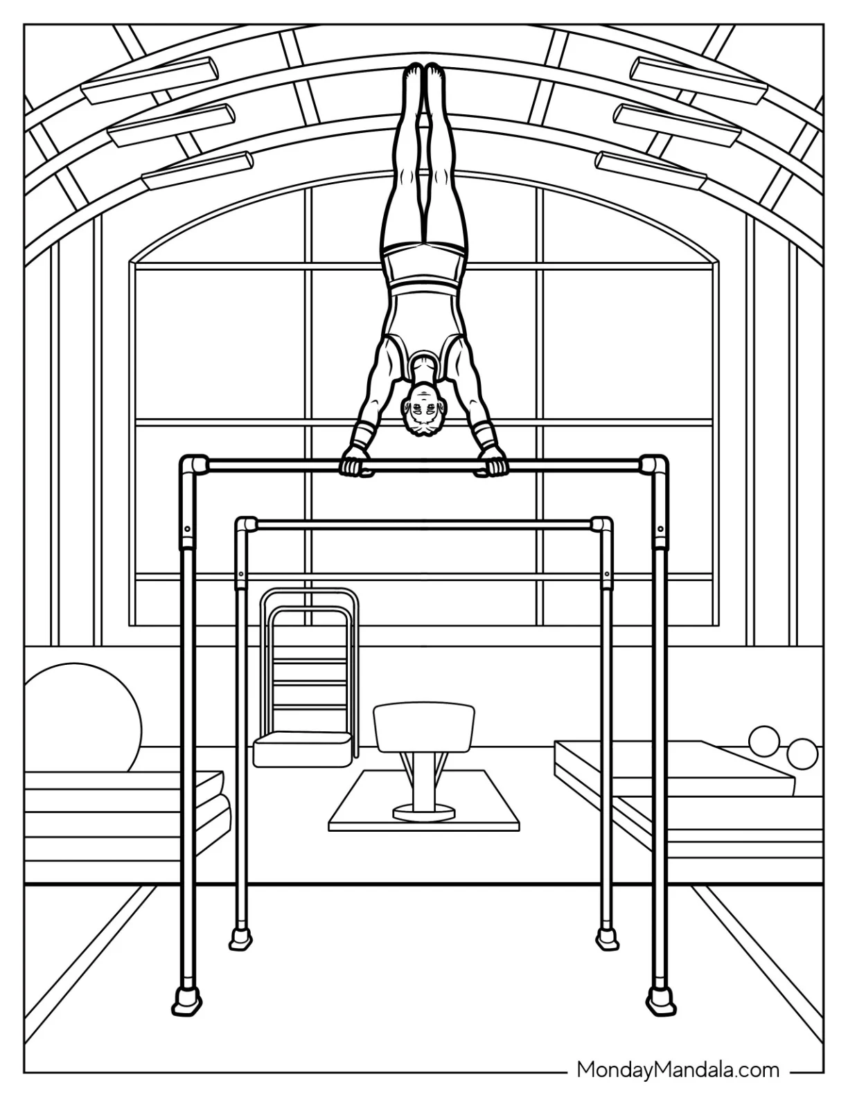 Gymnastics Coloring Page of Male Gymnast Balancing in Handstand on Parallel Bars coloring page — printable line art