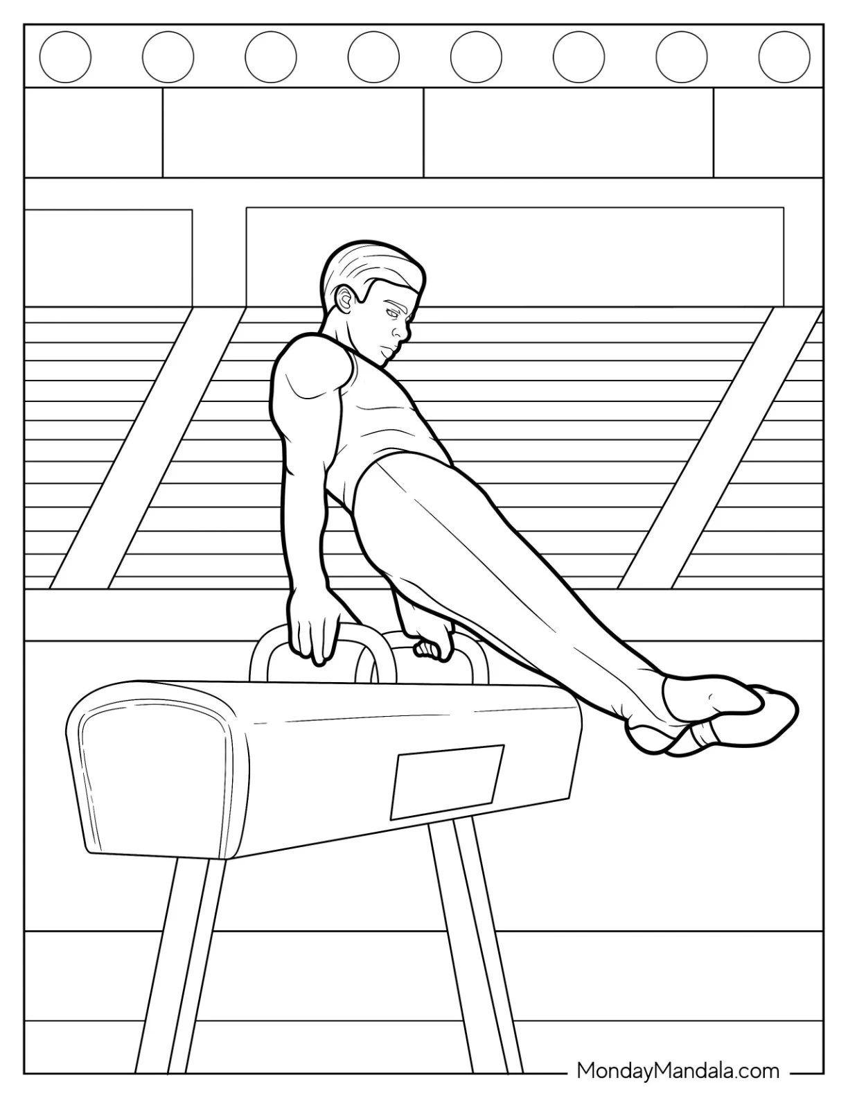 Gymnastics Coloring Page Of Realistic Male Gymnast On Pommel Horse coloring page — printable line art