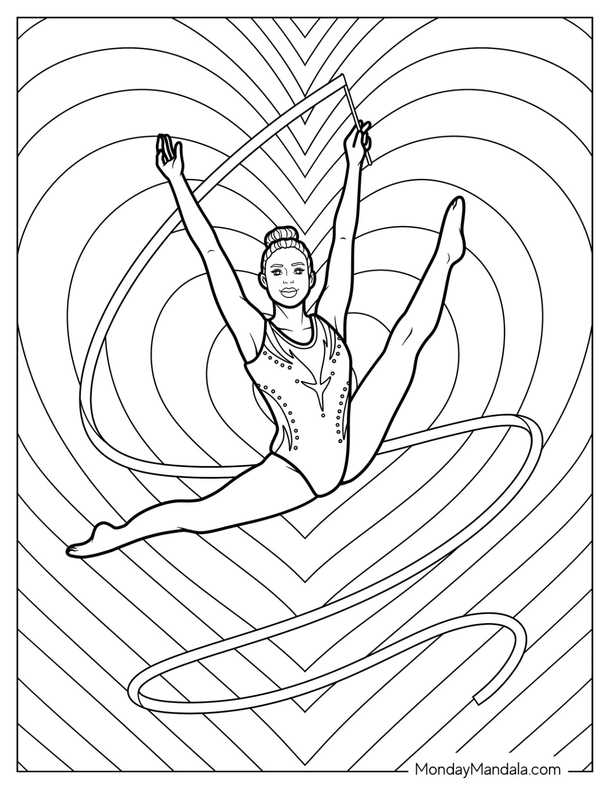 Gymnastics Coloring Page of Rhythmic Gymnast Performing Split Leap with Flowing Ribbon and Heart Pattern coloring page — printable line art