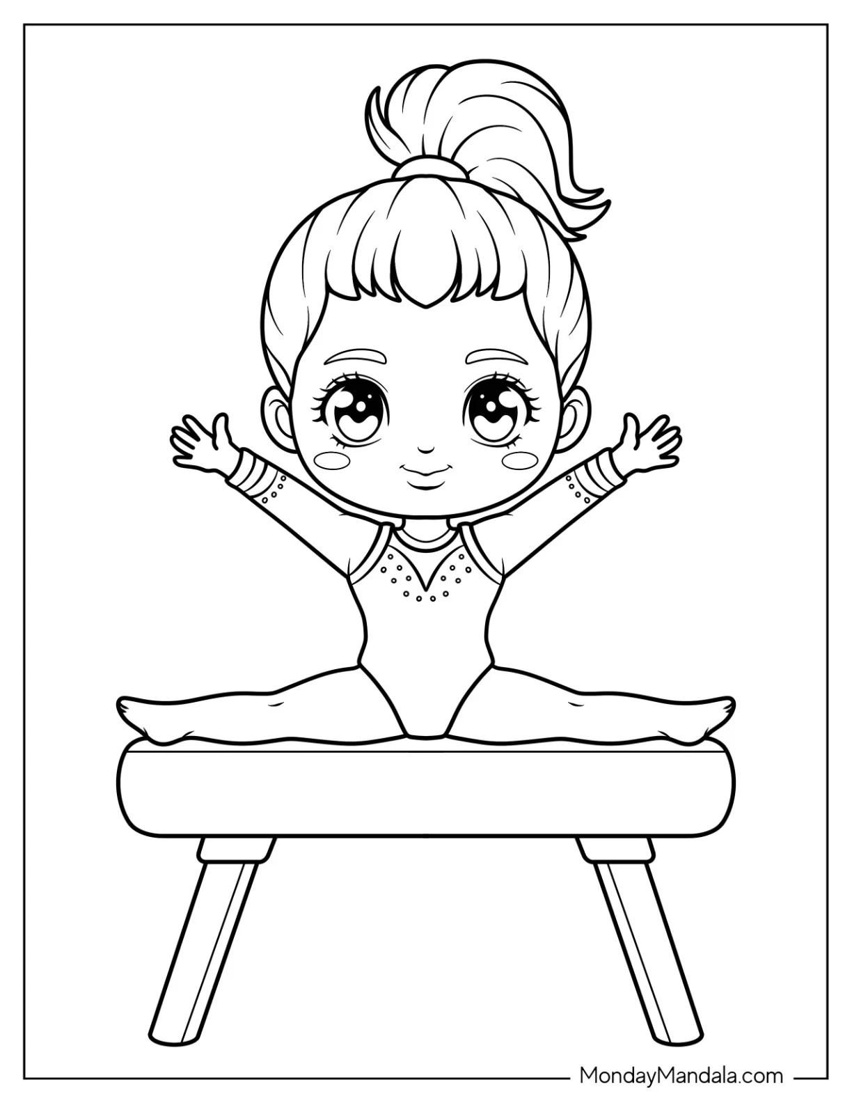 Gymnastics Coloring Page of Smiling Gymnast in Sparkly Leotard Doing a Split on the Beam for Kids coloring page — printable line art
