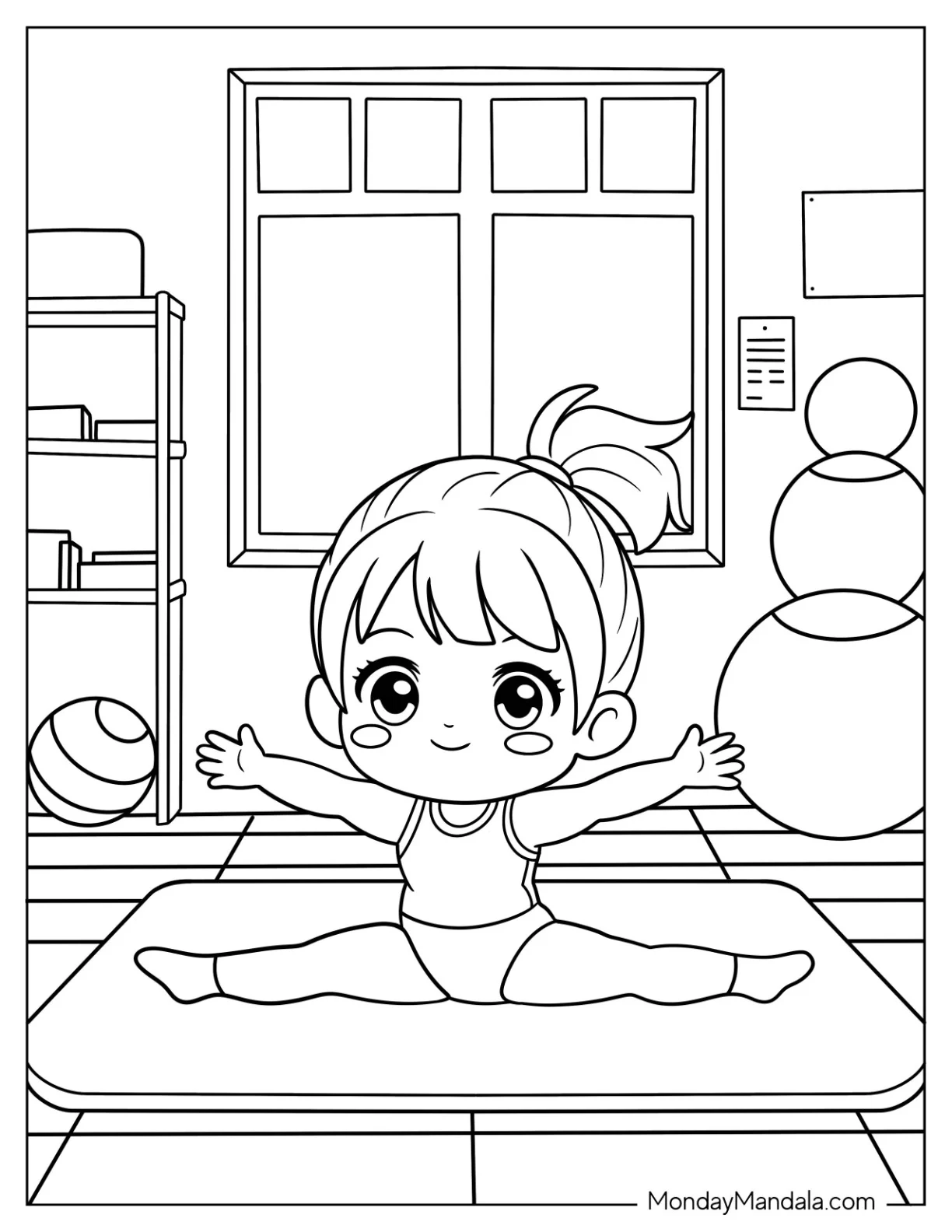 Gymnastics Coloring Page of Smiling Gymnast in Training Outfit Doing a Perfect Split on Mat in Gym Room for Preschoolers coloring page — printable line art