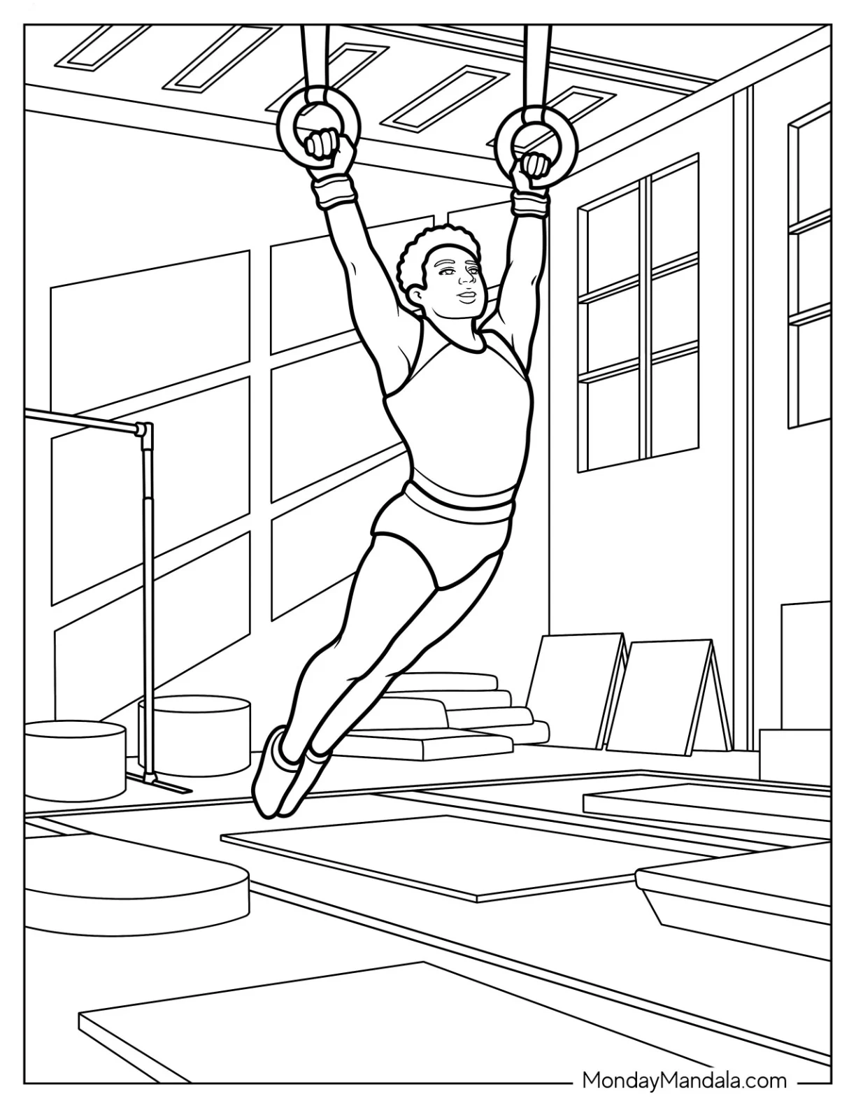 Gymnastics Coloring Page of Strong Gymnast Performing Ring Routine coloring page