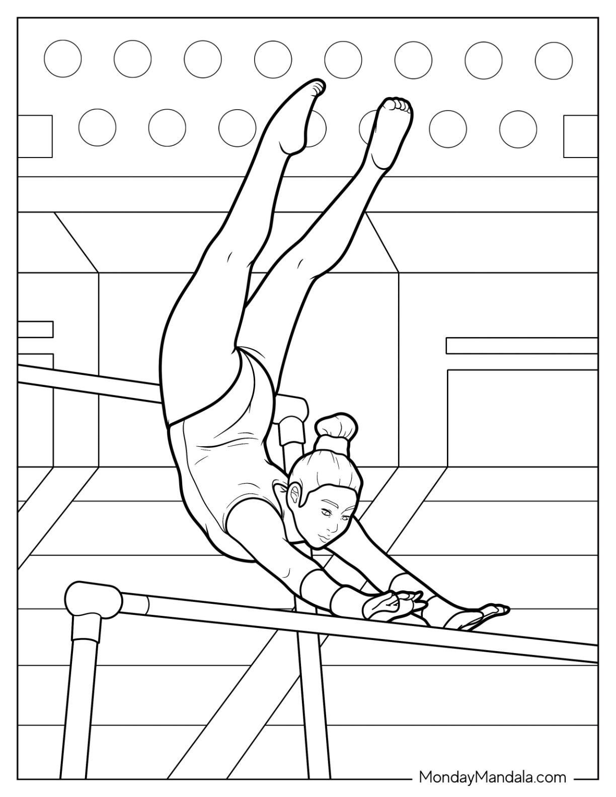 Gymnastics Coloring Page Of Suni Lee On Uneven Bar coloring page — printable line art