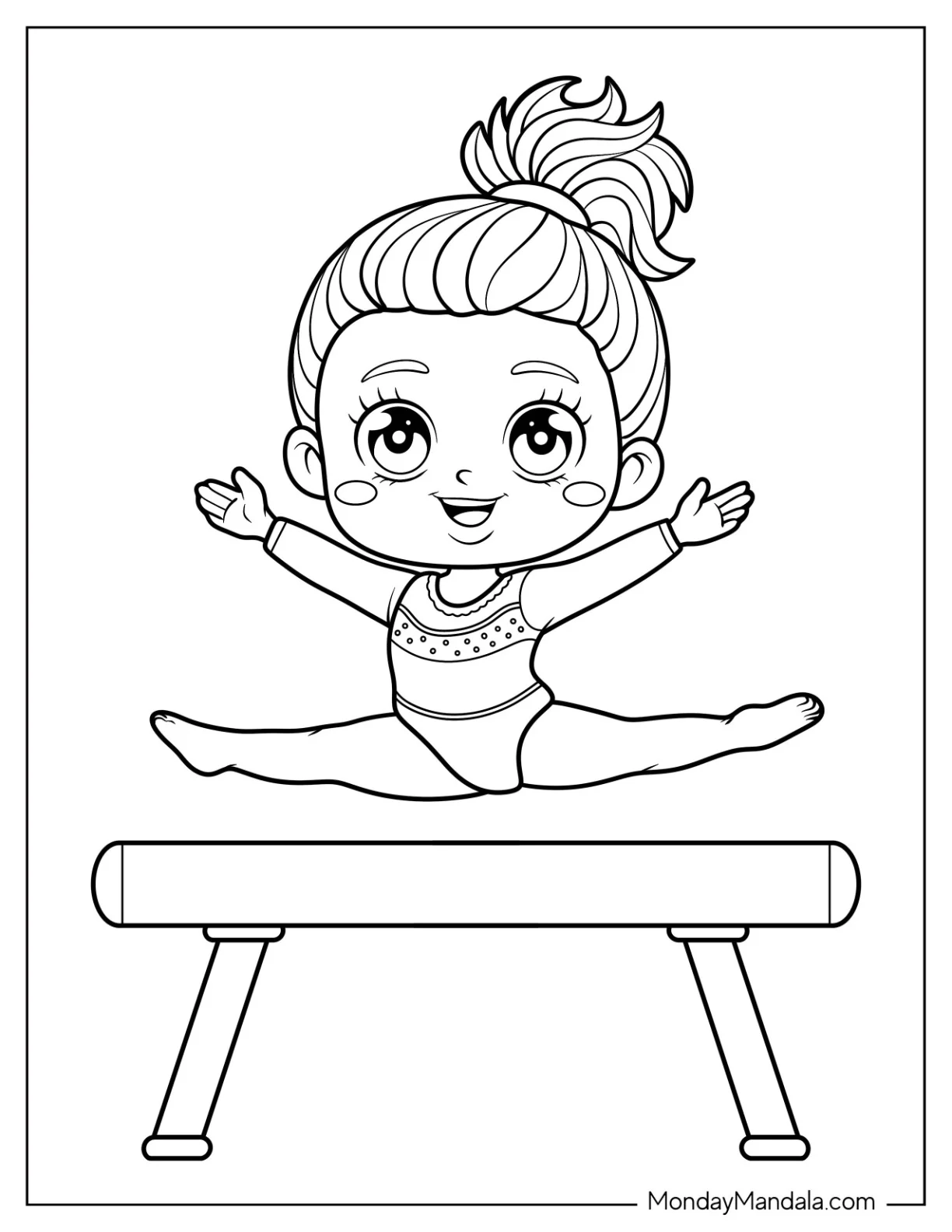 Gymnastics Coloring Page of Young Gymnast in Mid Split Over Balance Beam for Kids coloring page