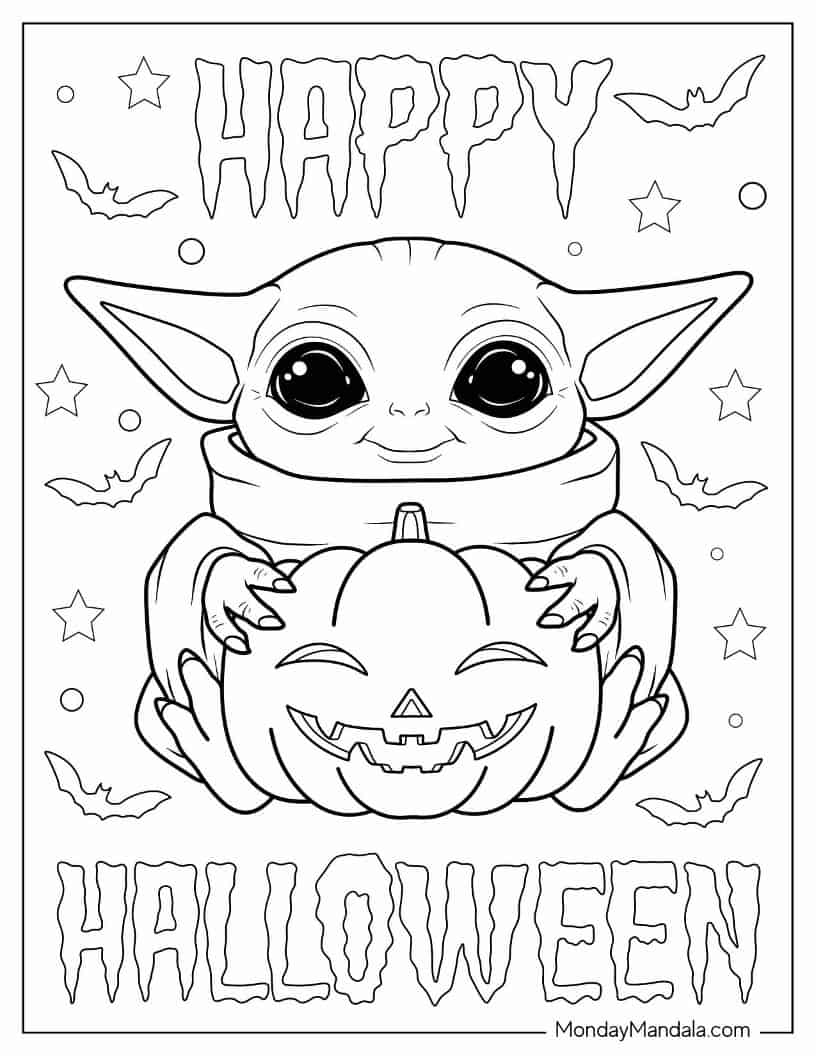 Halloween Coloring Page of Baby Yoda Holding Jack-O-Lantern coloring page