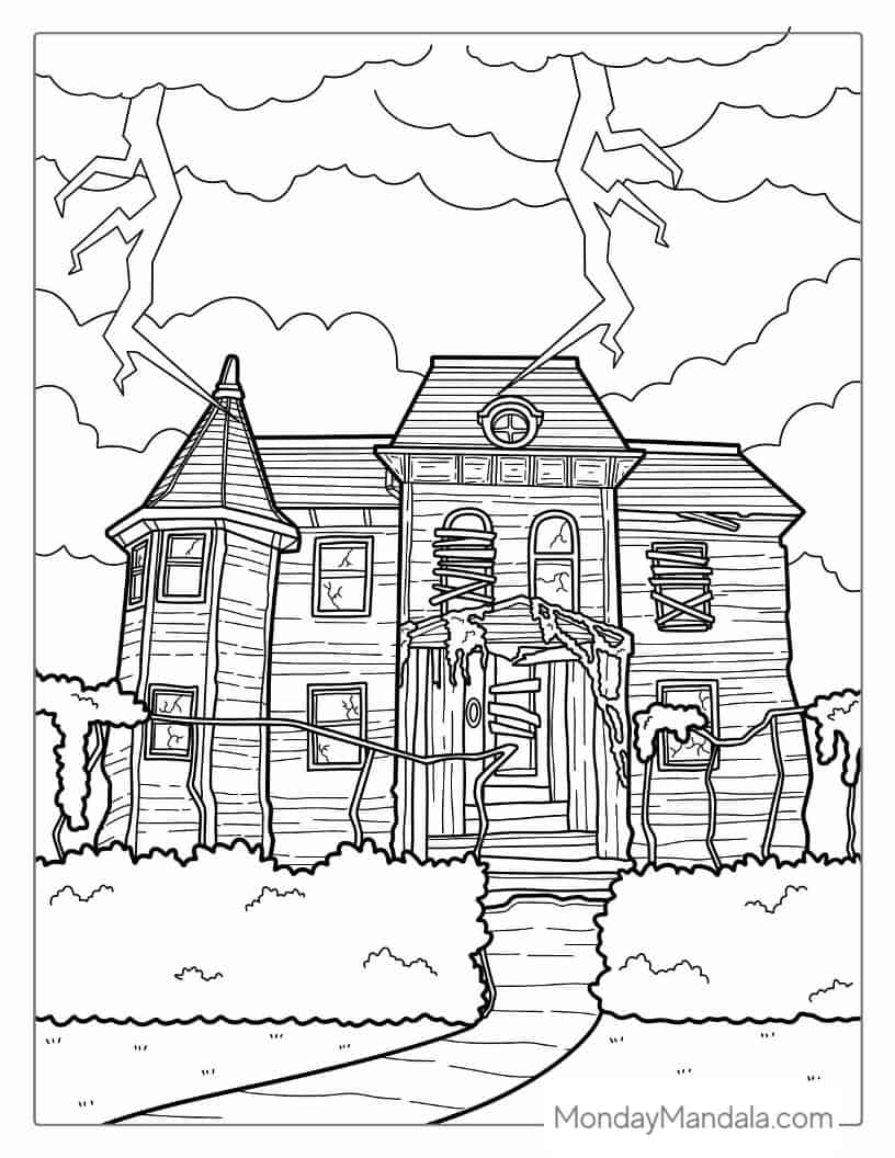 Halloween Coloring Page of Big Haunted House coloring page — printable line art