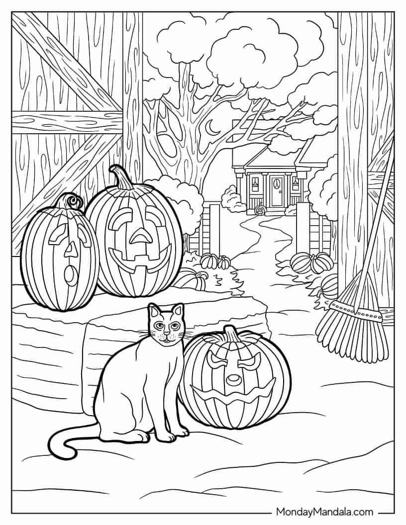 Halloween Coloring Page of Cat And Jack-O-Lanterns coloring page — printable line art
