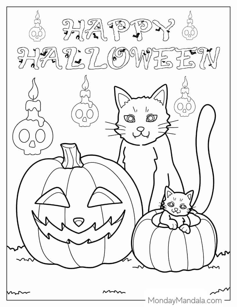 Halloween Coloring Page of  Cats And Pumpkins coloring page — printable line art