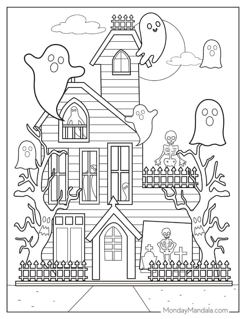 Halloween Coloring Page of Chibi Ghosts Floating Out Of Haunted House coloring page