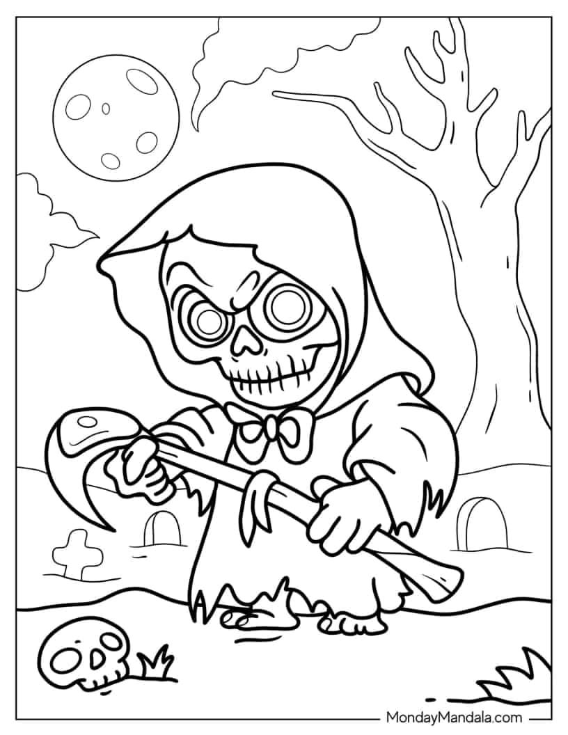 Halloween Coloring Page of Chibi Grim Reaper coloring page — printable line art