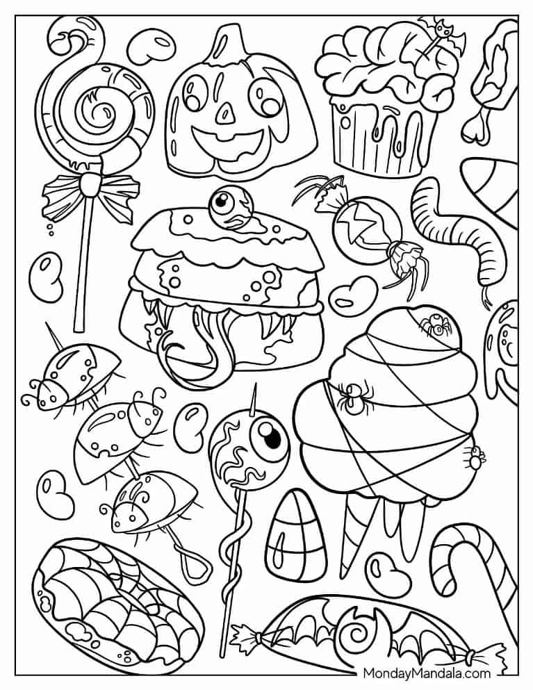 Halloween Coloring Page of Creepy Halloween Candy coloring page — printable line art