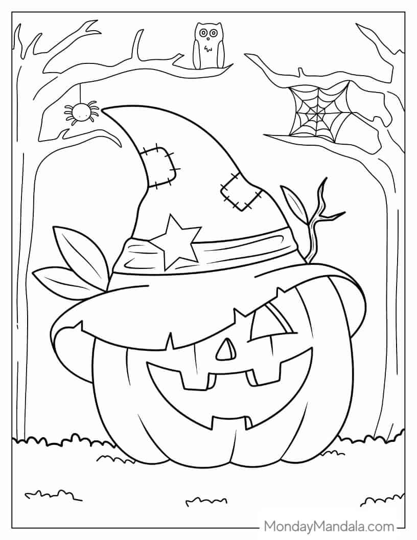 Halloween Coloring Page of Cute Jack-O-Lantern With Hat coloring page — printable line art