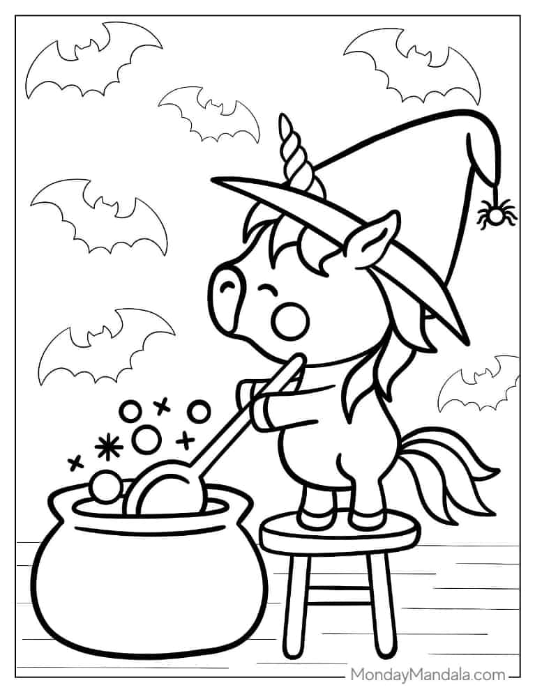 Halloween Coloring Page of Cute Witch Unicorn Casting Spell coloring page — printable line art