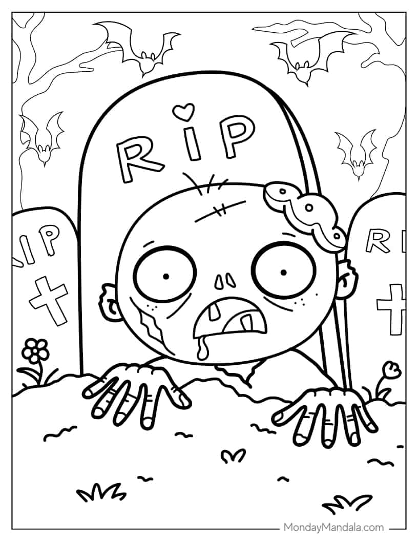 Halloween Coloring Page of Cute Zombie Rising From The Ground coloring page — printable line art