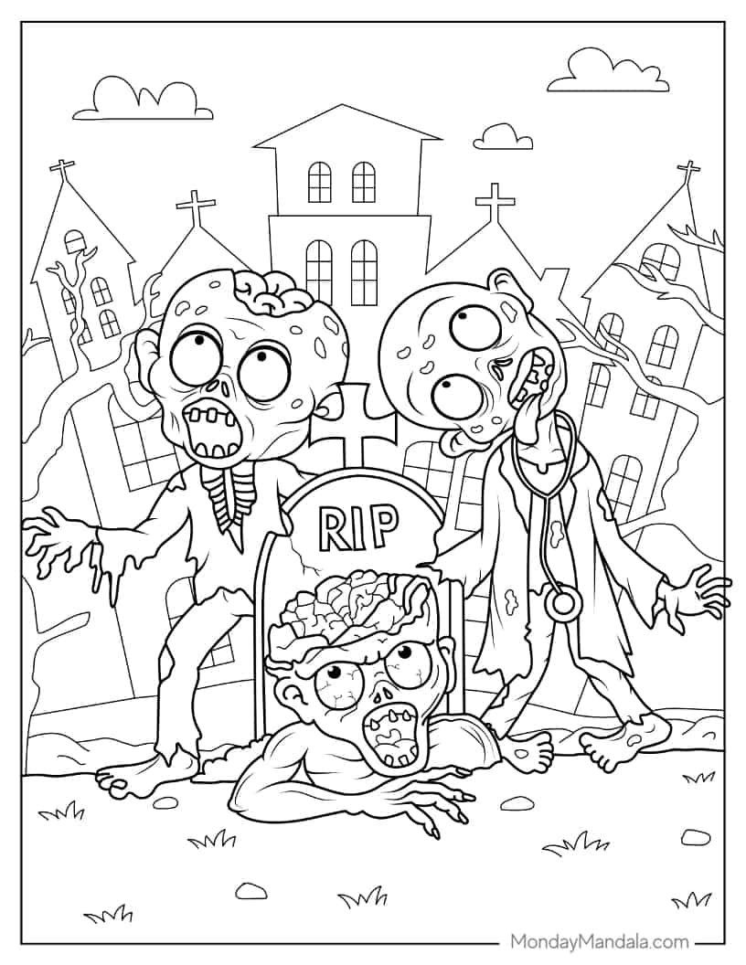 Halloween Coloring Page of Cute Zombies Rising From Grave coloring page — printable line art