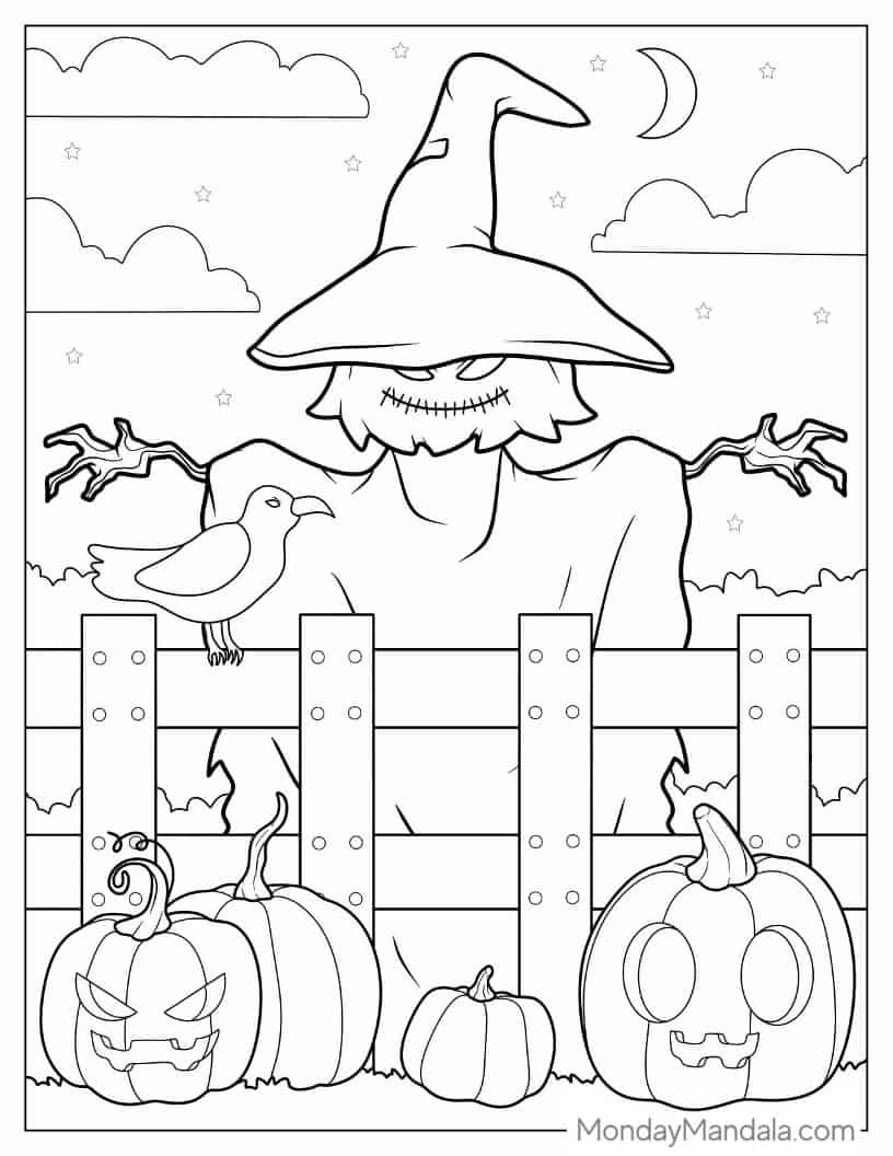 Halloween Coloring Page of Detailed Witch Scarecrow With Crow And Pumpkins coloring page — printable line art