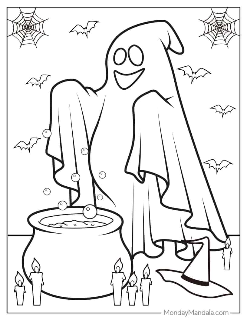 Halloween Coloring Page of Ghost In Front Of Witch_s Cauldron coloring page — printable line art