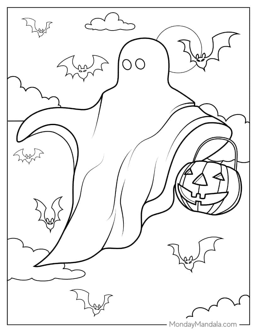 Halloween Coloring Page of Ghost With Trick-Or-Treat Bucket coloring page — printable line art