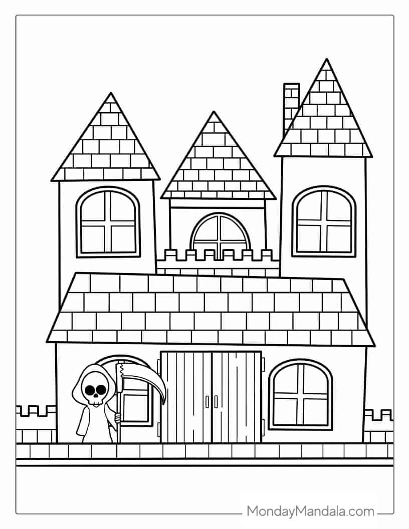 Halloween Coloring Page Of Grim Reaper_s Castle coloring page — printable line art