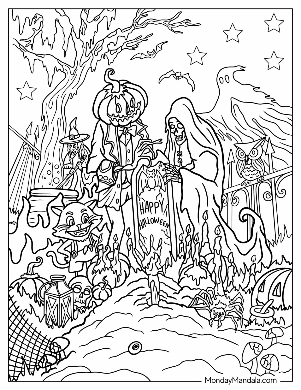 Halloween Coloring Page Of Grim Reaper, Scarecrow, Witch, Cat, And Zombie In Cemetery coloring page