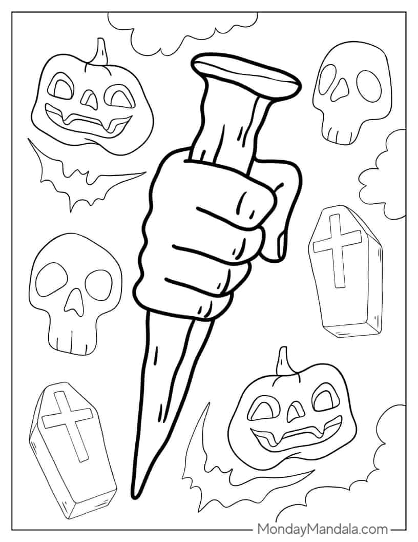 Halloween Coloring Page of Hand Holding Wooden Stake coloring page — printable line art