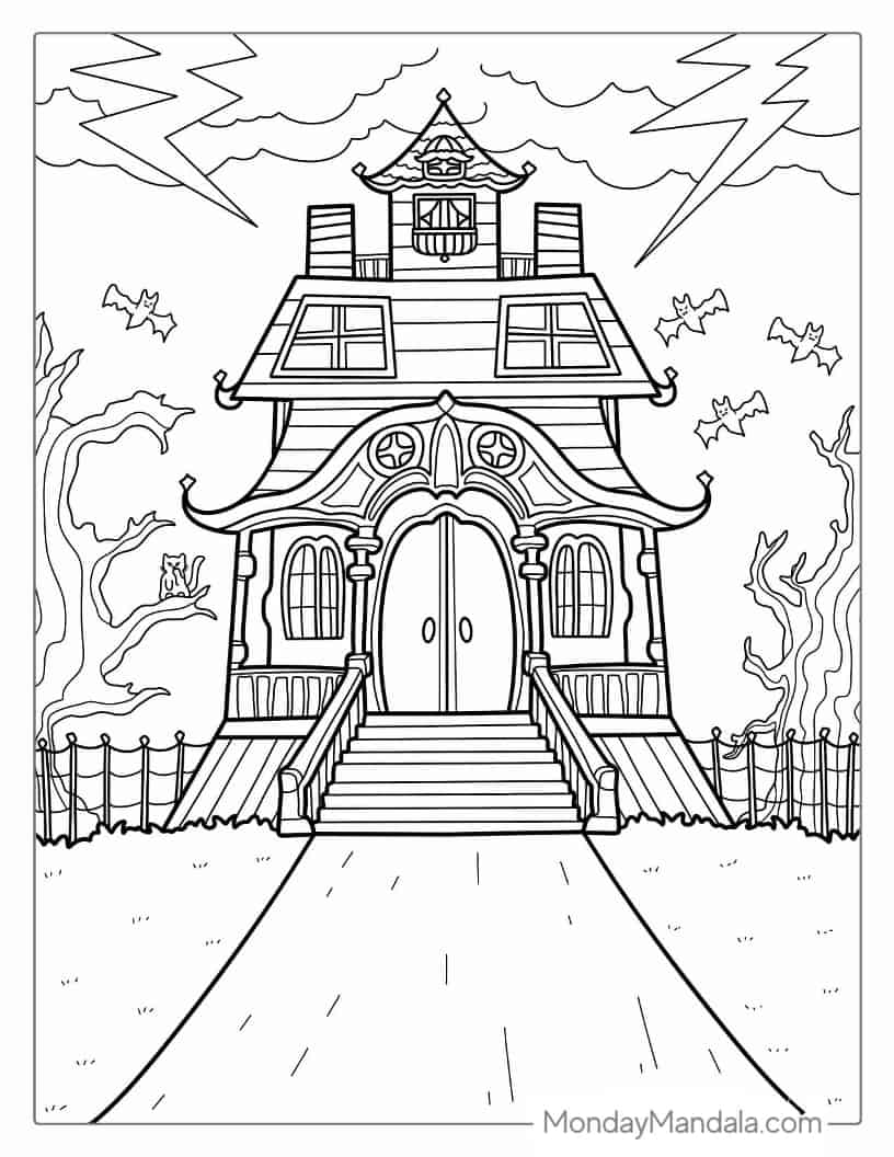 Halloween Coloring Page of Haunted House For Kids coloring page — printable line art