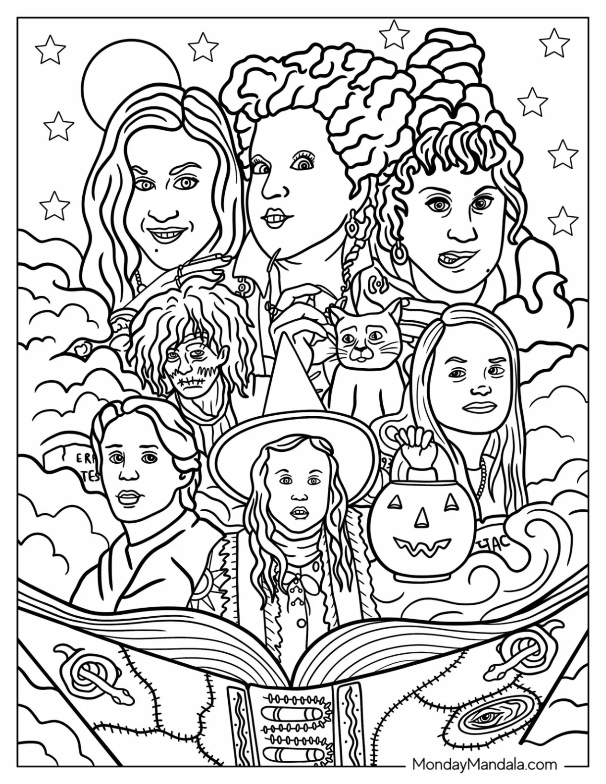 Halloween Coloring Page Of Hocus Pocus Sarah, Winifred, Mary, Dani, Allison, And Jenny coloring page — printable line art