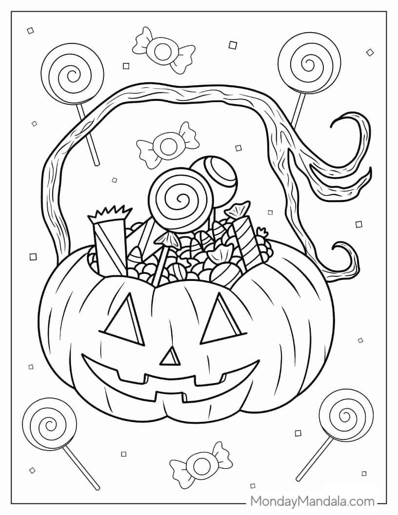 Halloween Coloring Page of  Jack-O-Lantern Full Of Candies coloring page