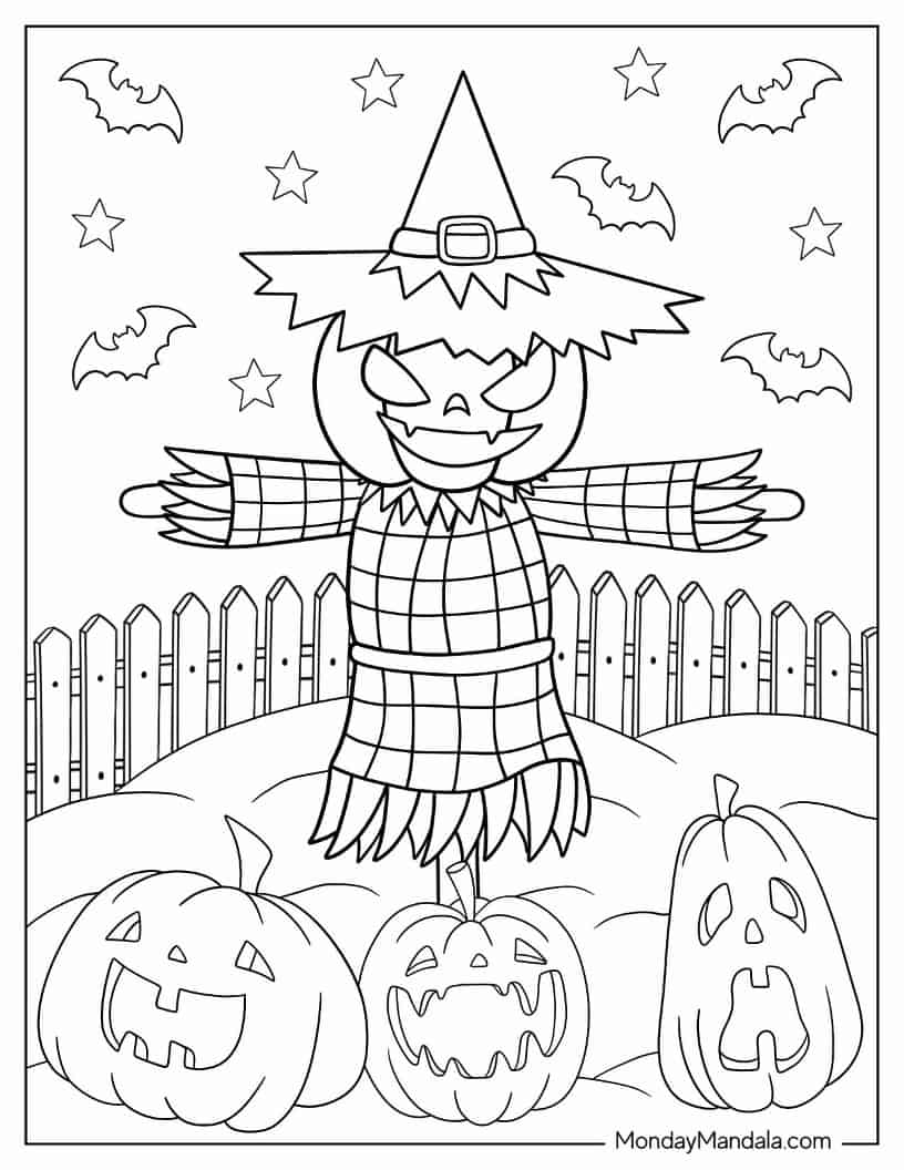 Halloween Coloring Page of Jack-O-Lantern Scarecrow coloring page