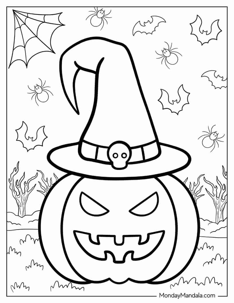 Halloween Coloring Page of Jack-O-Lantern Wearing Witch_s Hat coloring page