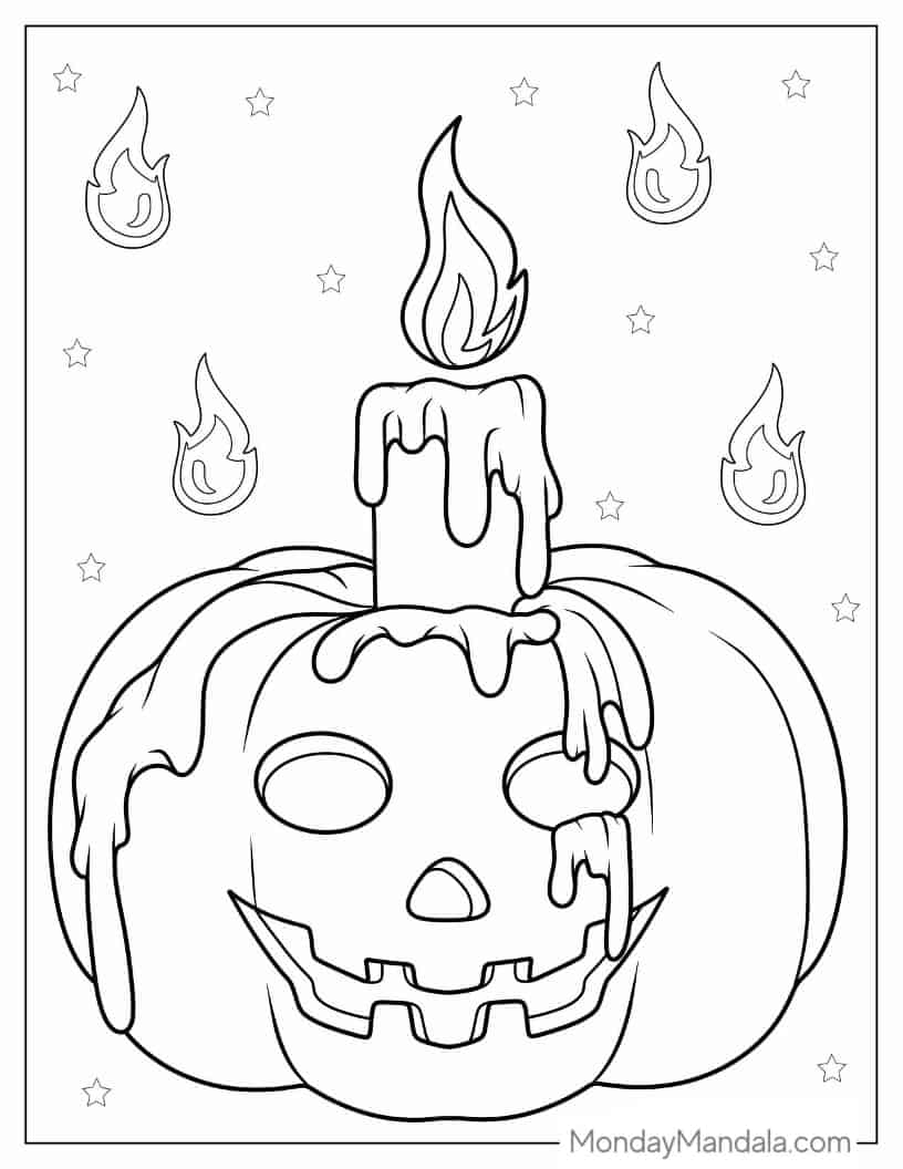 Halloween Coloring Page of Jack-O-Lantern With Burning Candle coloring page — printable line art