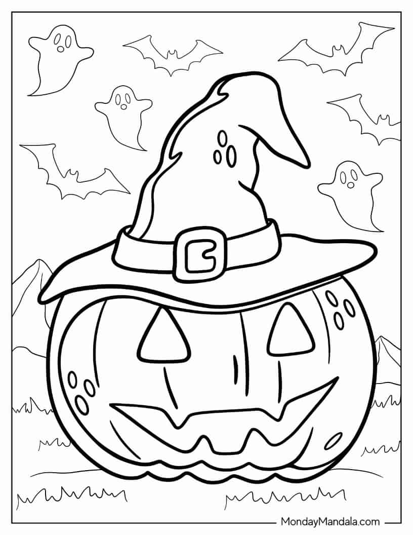 Halloween Coloring Page of Jack-O-Lantern With Witch Hat coloring page — printable line art