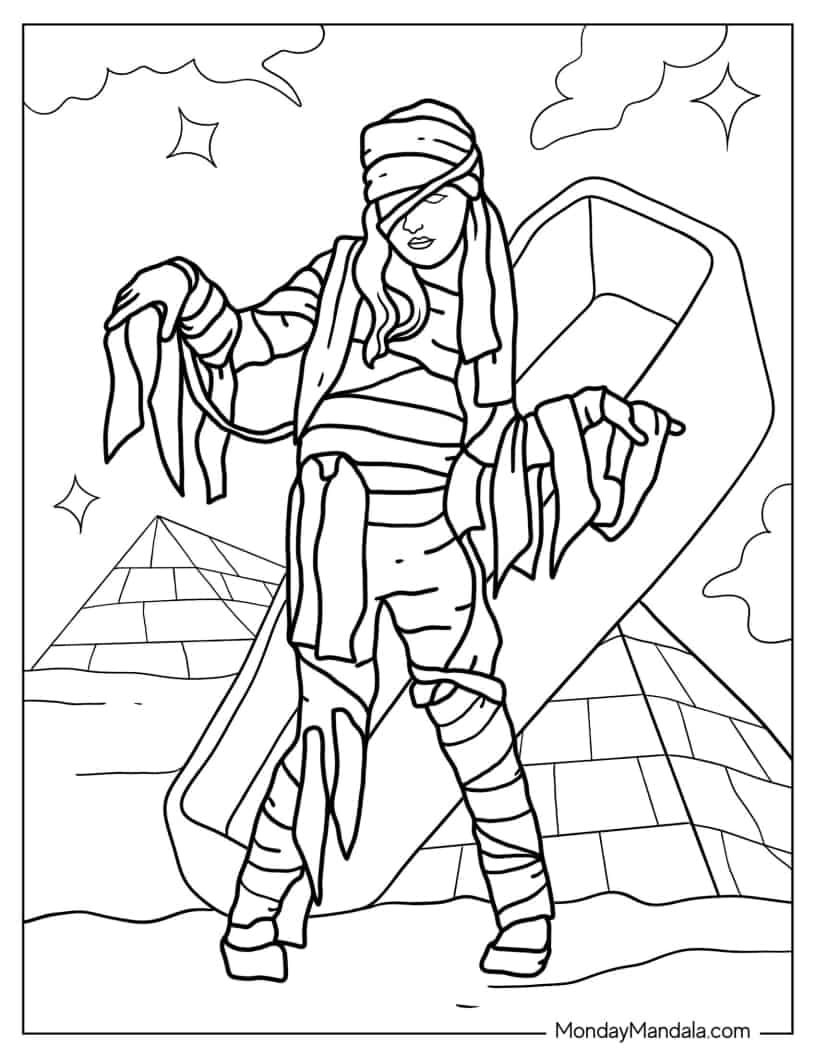 Halloween Coloring Page of Mummy Walking Out Of Tomb coloring page — printable line art