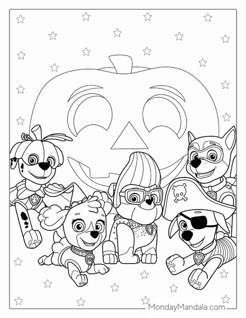 Halloween Coloring Page of Paw Patrol In Halloween Costumes coloring page — printable line art