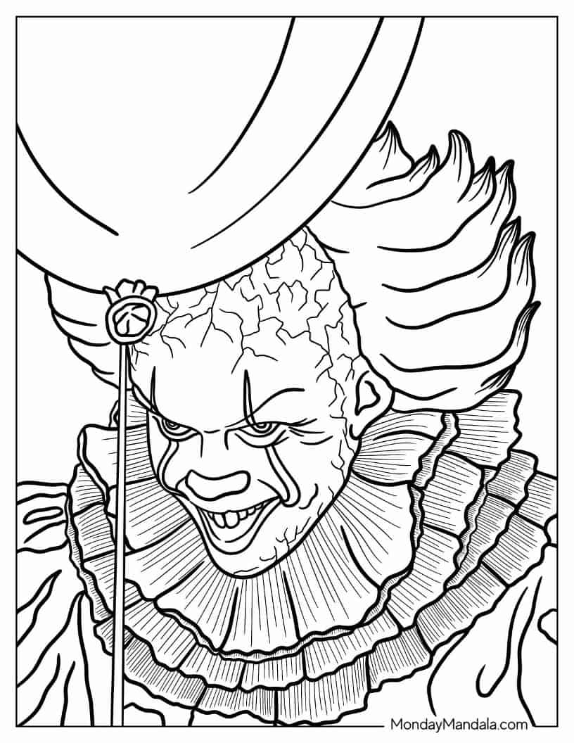 Halloween Coloring Page of Pennywise Holding Balloon coloring page — printable line art