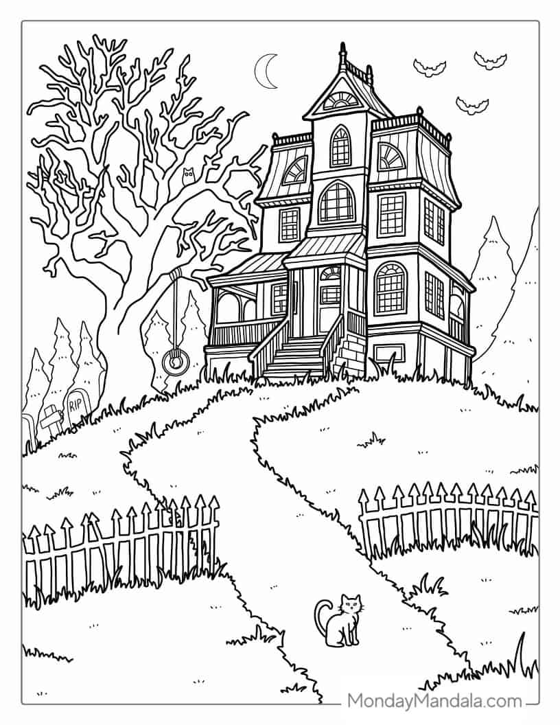 Halloween Coloring Page of Realistic Haunted House coloring page — printable line art