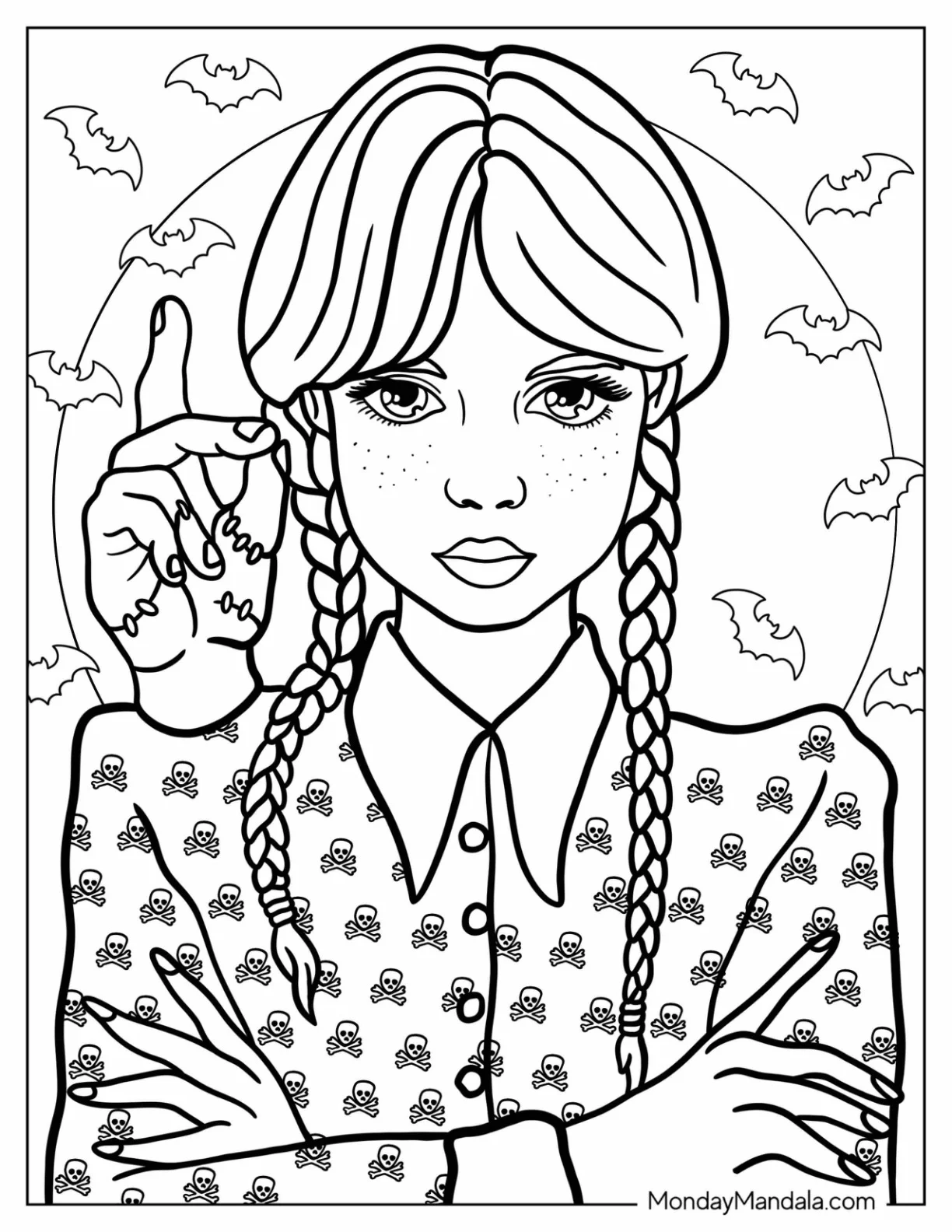 Halloween Coloring Page Of Realistic Wednesday Addams With Thing On Her Shoulder coloring page