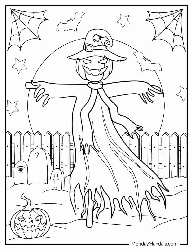 Halloween Coloring Page of Scarecrow In Witch Costume coloring page — printable line art