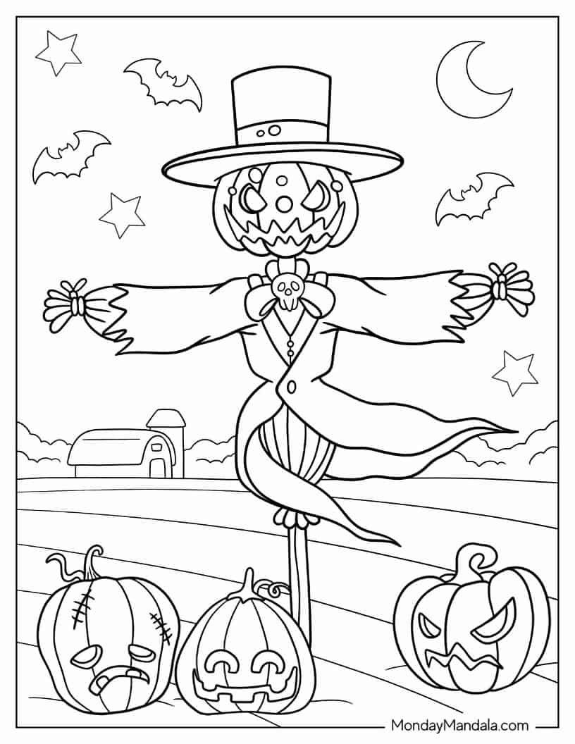Halloween Coloring Page of Scarecrow With Jack-O-Lantern Head coloring page — printable line art