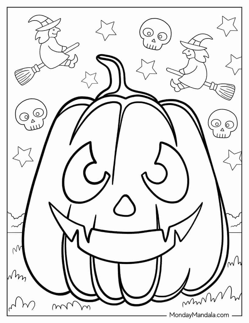 Halloween Coloring Page of Scary Jack-O-Lantern With Witches And Skulls coloring page — printable line art