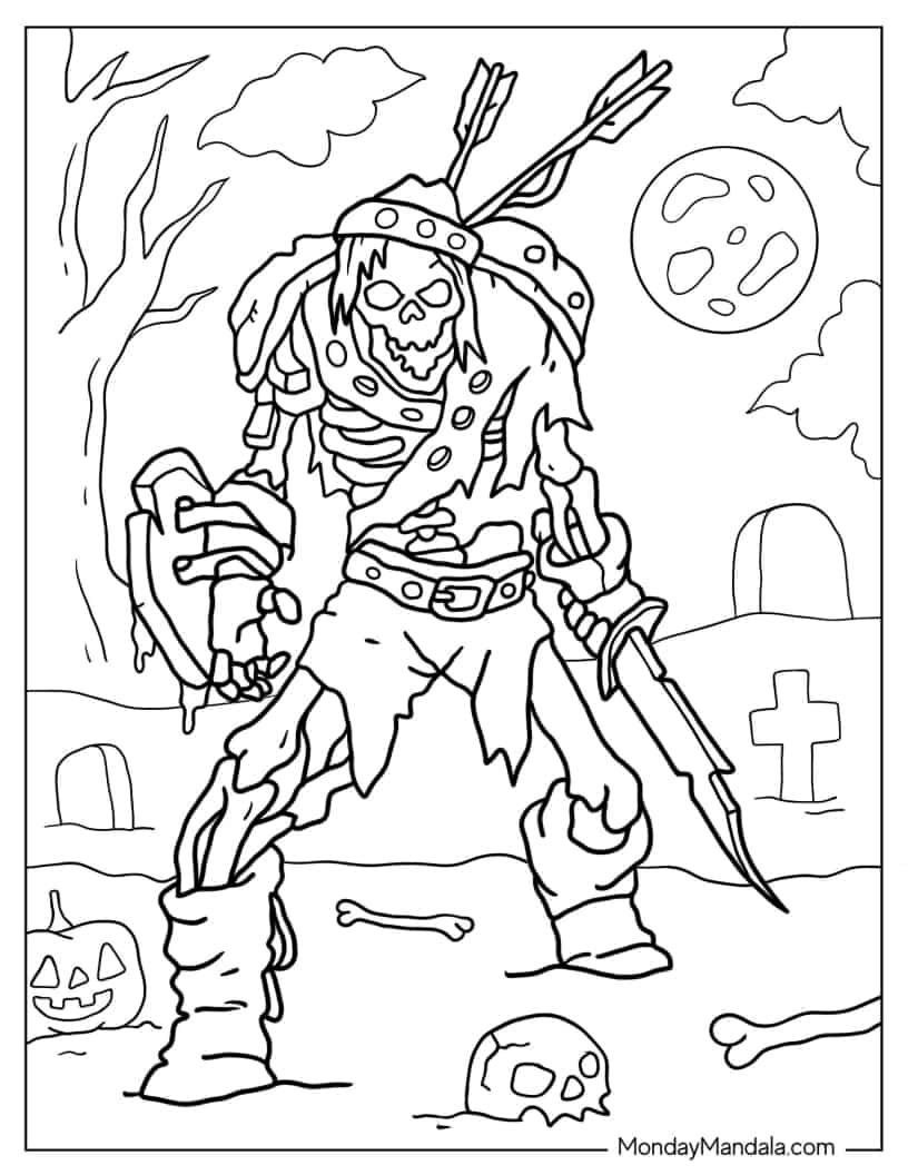Halloween Coloring Page of Skeleton Rising From Grave coloring page