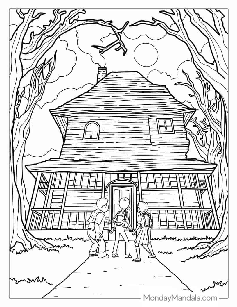 Halloween Coloring Page of Three Children Standing In Front Of Realistic Haunted House coloring page — printable line art